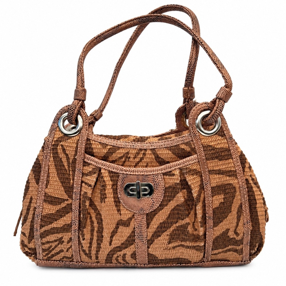 Vintage Sag Harbor Zebra Print Woven Shoulder Bag Brown Y2K Boho Purse